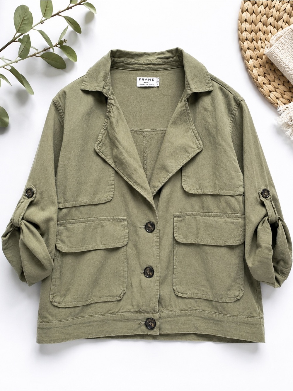 FRAME Olive Utility Jacket Cotton Safari Military Cropped Button Front Medium